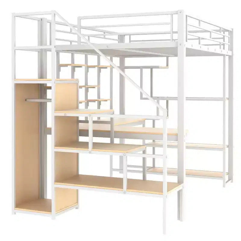 Lit mezzanine en métal pleine grandeur avec bureau et petite armoire, lit mezzanine haut avec escalier de rangement et étagères pour enfants, adolescents et adultes