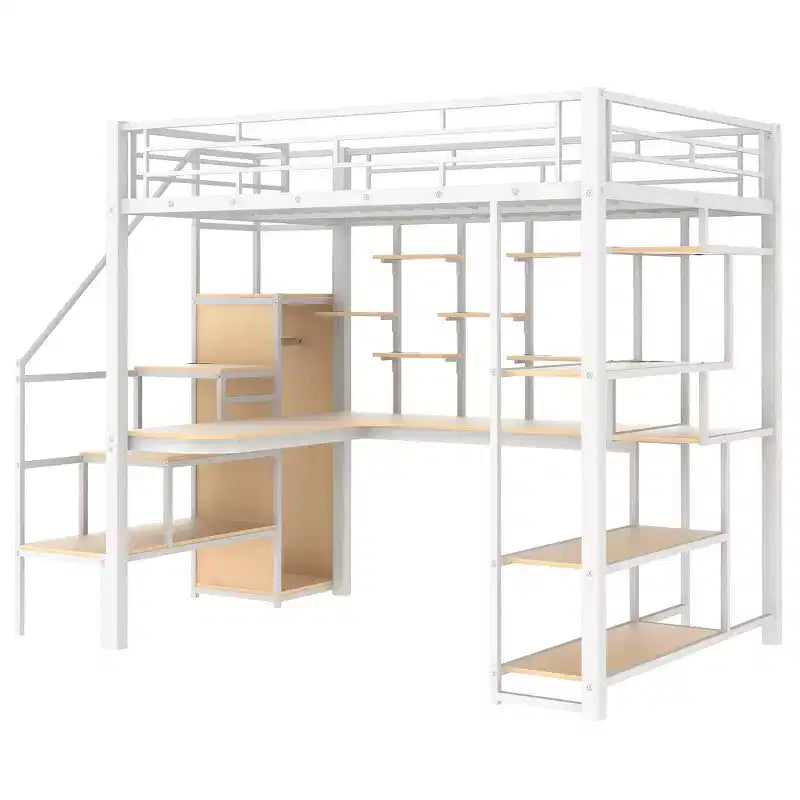 Lit mezzanine en métal pleine grandeur avec bureau et petite armoire, lit mezzanine haut avec escalier de rangement et étagères pour enfants, adolescents et adultes