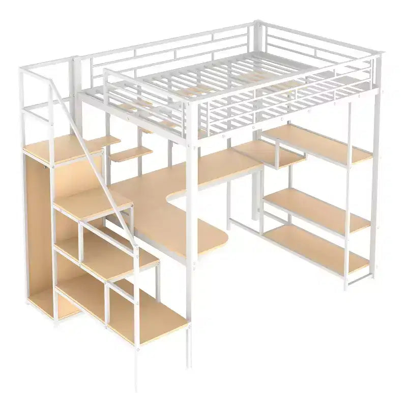 Lit mezzanine en métal pleine grandeur avec bureau et petite armoire, lit mezzanine haut avec escalier de rangement et étagères pour enfants, adolescents et adultes