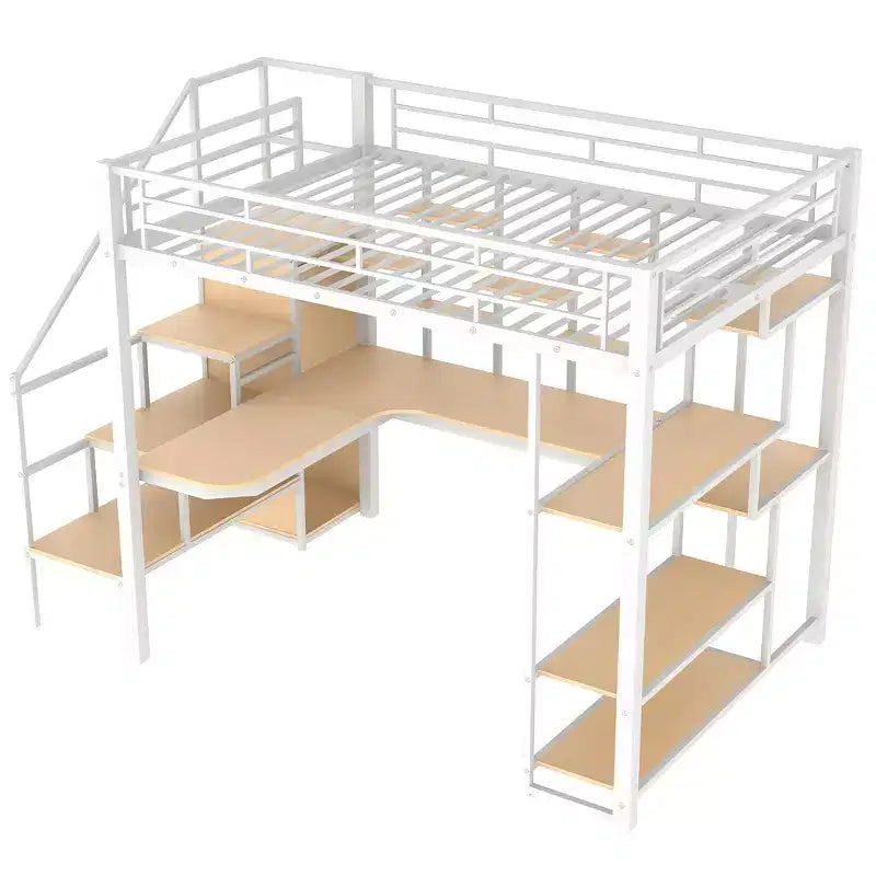Lit mezzanine en métal pleine grandeur avec bureau et petite armoire, lit mezzanine haut avec escalier de rangement et étagères pour enfants, adolescents et adultes