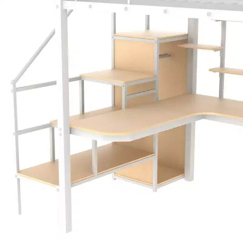 Lit mezzanine en métal pleine grandeur avec bureau et petite armoire, lit mezzanine haut avec escalier de rangement et étagères pour enfants, adolescents et adultes