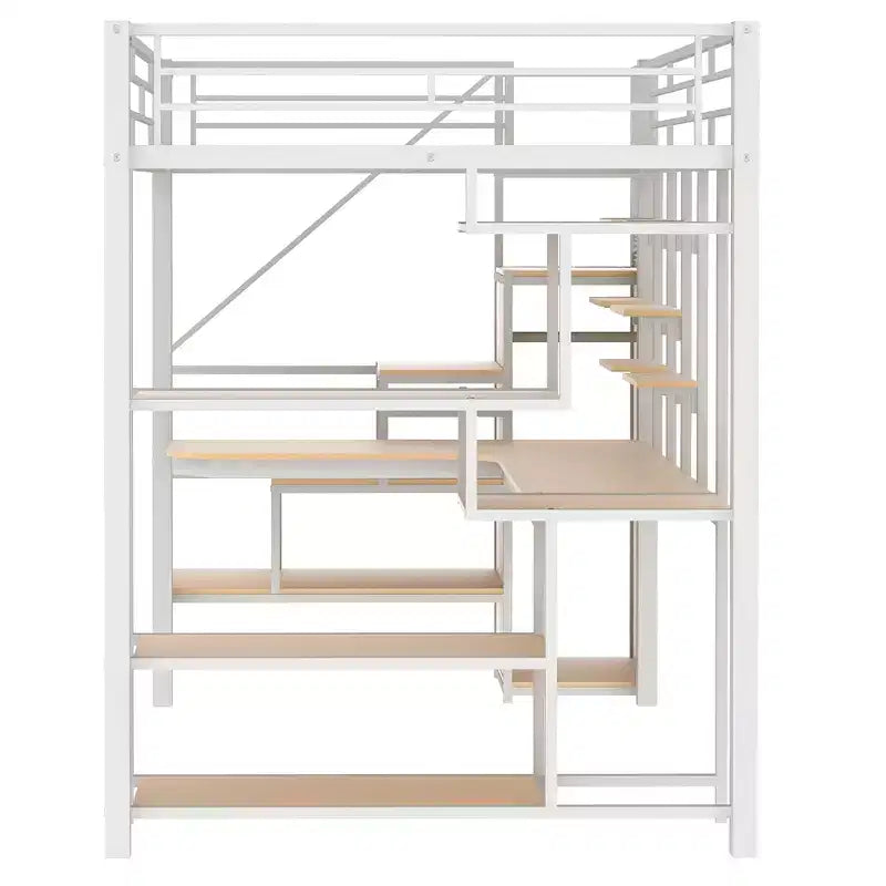 Lit mezzanine en métal pleine grandeur avec bureau et petite armoire, lit mezzanine haut avec escalier de rangement et étagères pour enfants, adolescents et adultes