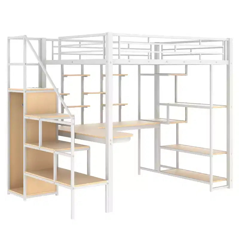 Lit mezzanine en métal pleine grandeur avec bureau et petite armoire, lit mezzanine haut avec escalier de rangement et étagères pour enfants, adolescents et adultes