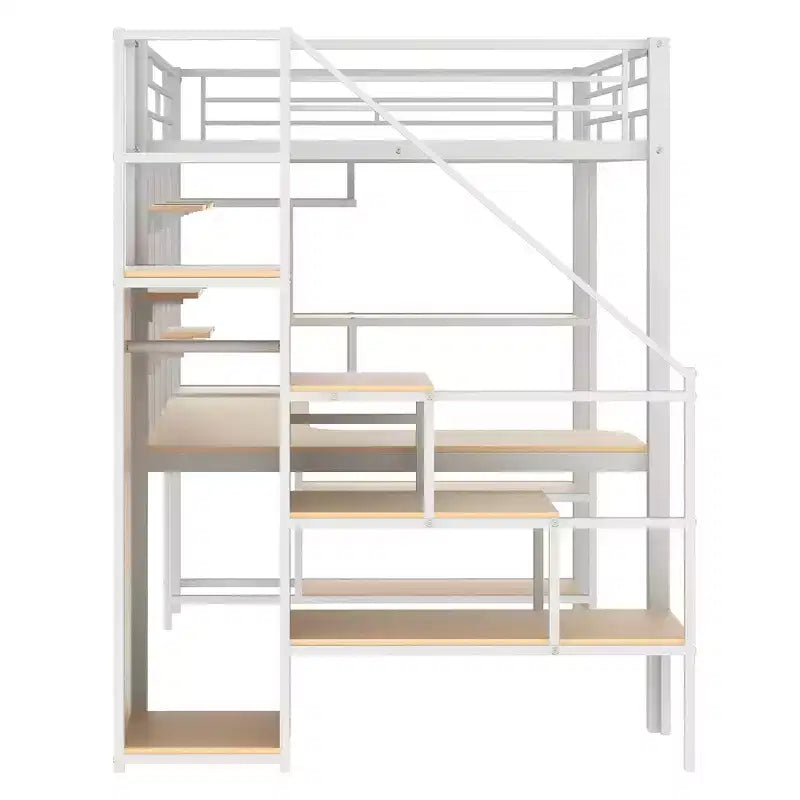 Lit mezzanine en métal pleine grandeur avec bureau et petite armoire, lit mezzanine haut avec escalier de rangement et étagères pour enfants, adolescents et adultes