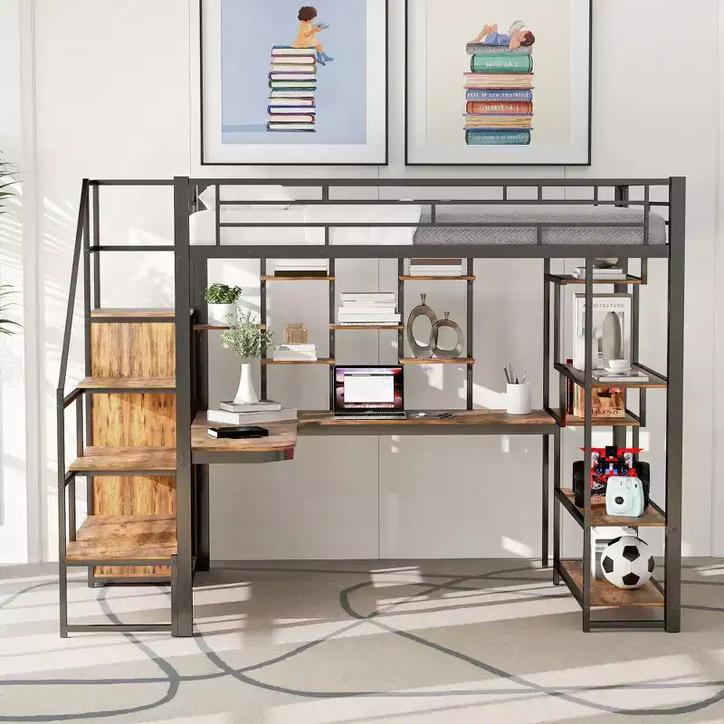 Lit mezzanine en métal pleine grandeur avec bureau et petite armoire, lit mezzanine haut avec escalier de rangement et étagères pour enfants, adolescents et adultes
