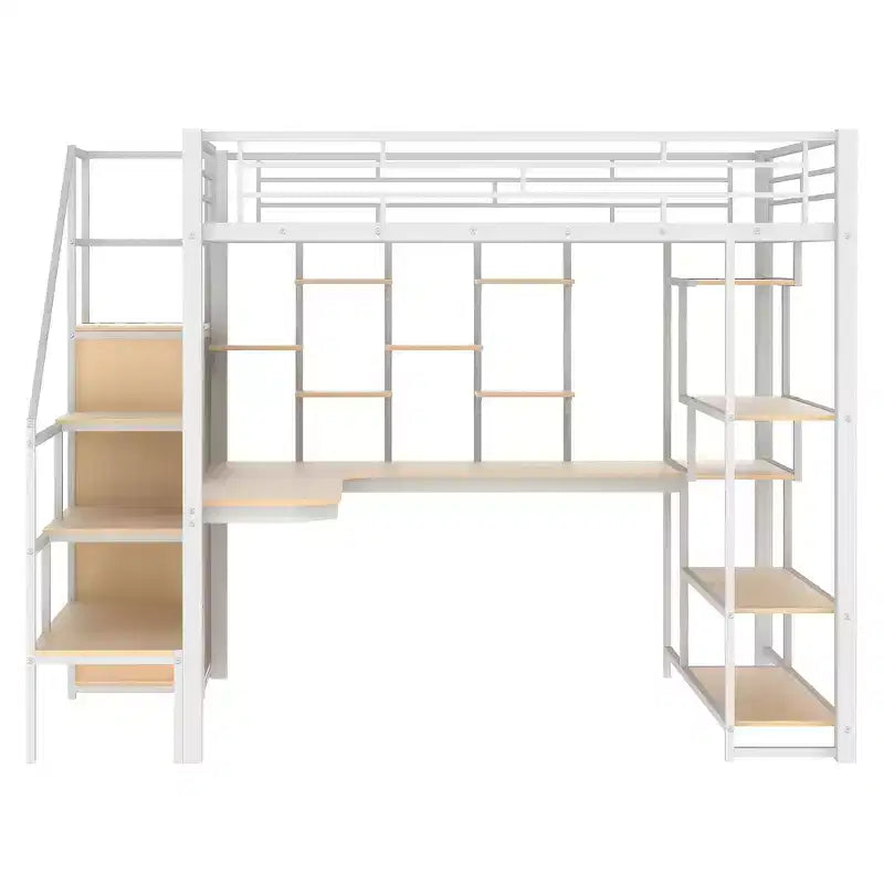 Lit mezzanine en métal pleine grandeur avec bureau et petite armoire, lit mezzanine haut avec escalier de rangement et étagères pour enfants, adolescents et adultes