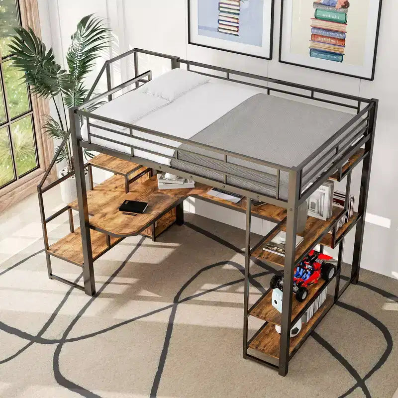 Lit mezzanine en métal pleine grandeur avec bureau et petite armoire, lit mezzanine haut avec escalier de rangement et étagères pour enfants, adolescents et adultes