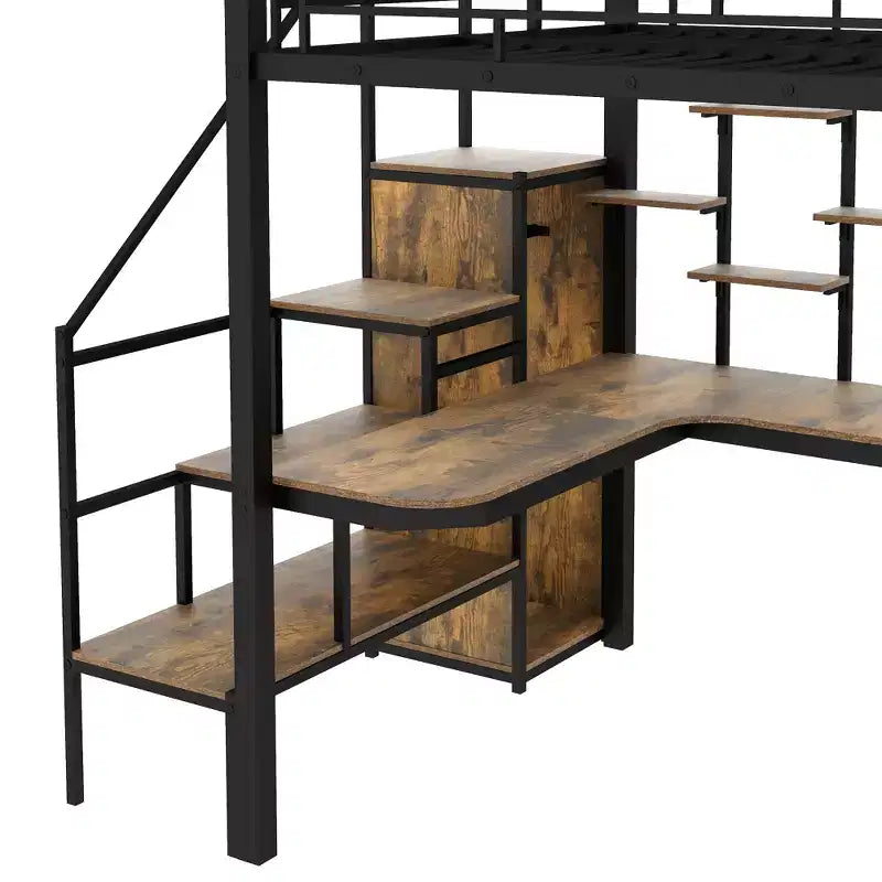 Lit mezzanine en métal pleine grandeur avec bureau et petite armoire, lit mezzanine haut avec escalier de rangement et étagères pour enfants, adolescents et adultes