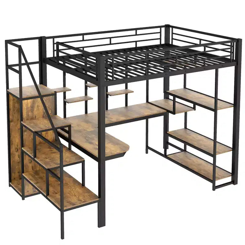 Lit mezzanine en métal pleine grandeur avec bureau et petite armoire, lit mezzanine haut avec escalier de rangement et étagères pour enfants, adolescents et adultes