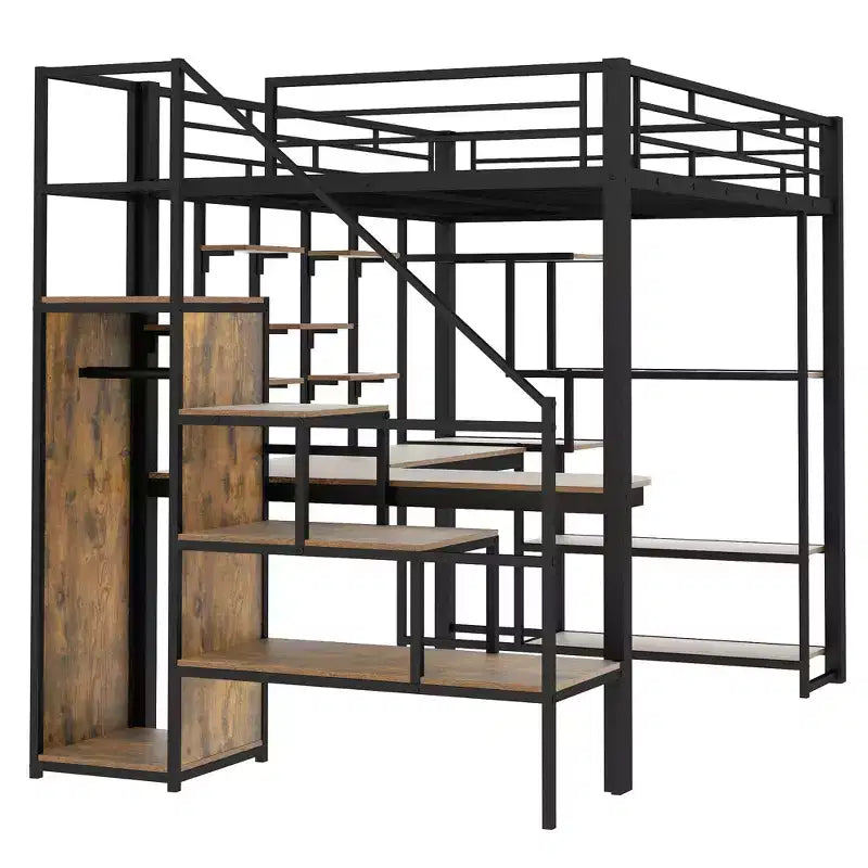Lit mezzanine en métal pleine grandeur avec bureau et petite armoire, lit mezzanine haut avec escalier de rangement et étagères pour enfants, adolescents et adultes