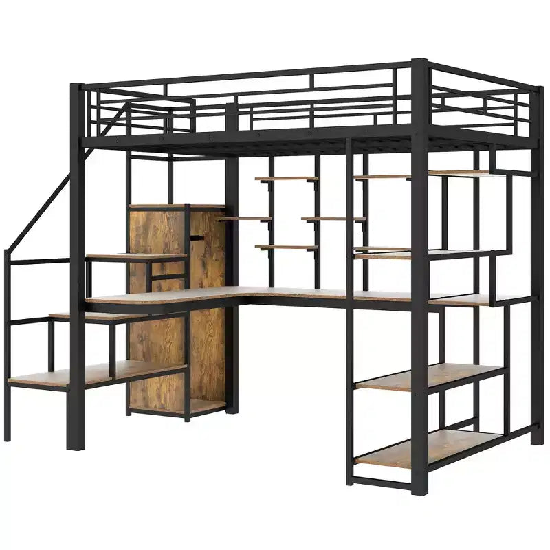 Lit mezzanine en métal pleine grandeur avec bureau et petite armoire, lit mezzanine haut avec escalier de rangement et étagères pour enfants, adolescents et adultes