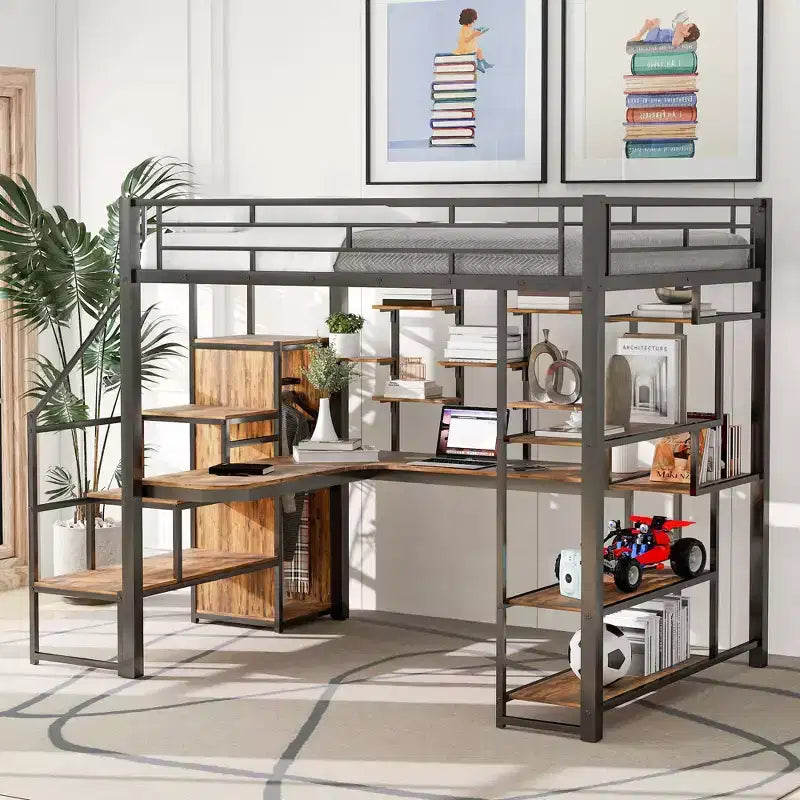 Full size Metal Loft Bed with Desk and Small Wardrobe, Full High Loft Bed with Storage Staircase and Shelves for Kids Teens Adults