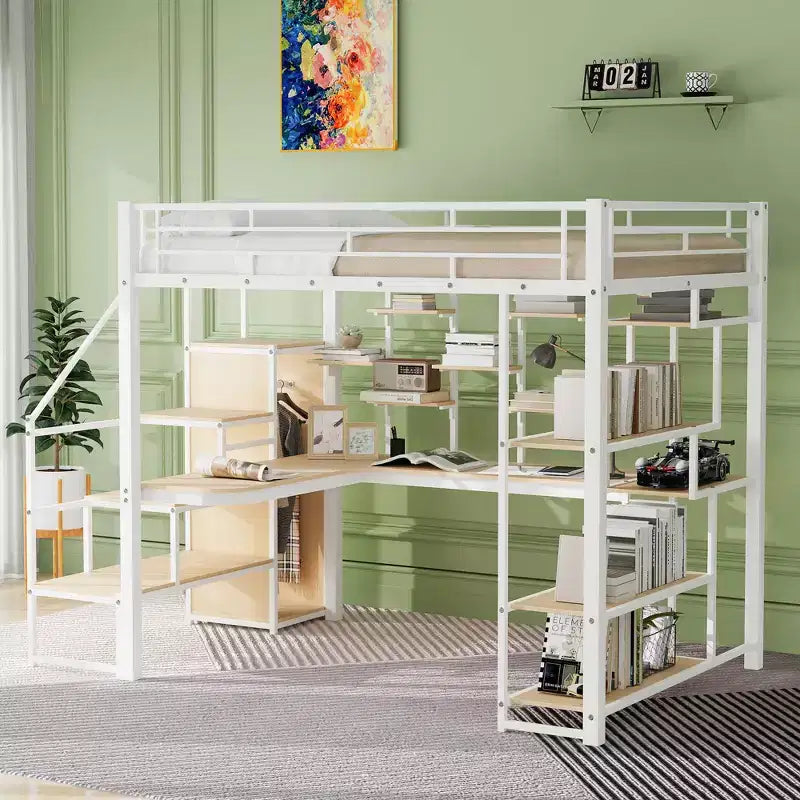 Lit mezzanine en métal pleine grandeur avec bureau et petite armoire, lit mezzanine haut avec escalier de rangement et étagères pour enfants, adolescents et adultes