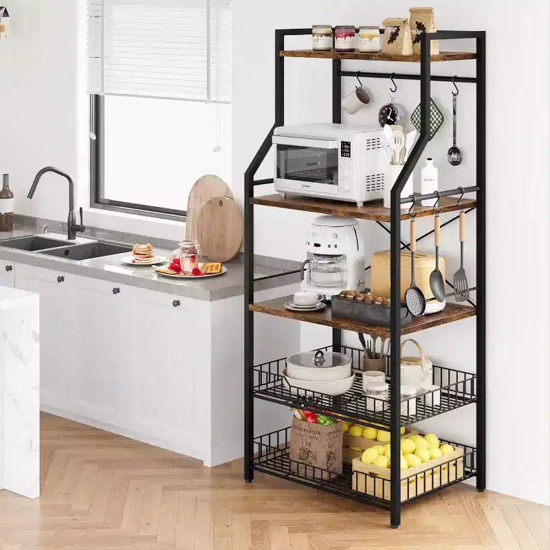 Étagère de cuisine à 5 niveaux pour micro-ondes avec 2 grands paniers en fil métallique, style industriel, pour bar à café, cuisine, salle à manger