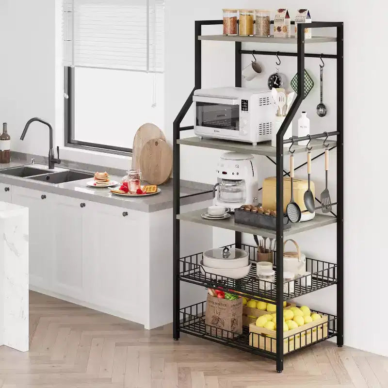 Étagère de cuisine à 5 niveaux pour micro-ondes avec 2 grands paniers en fil métallique, style industriel, pour bar à café, cuisine, salle à manger