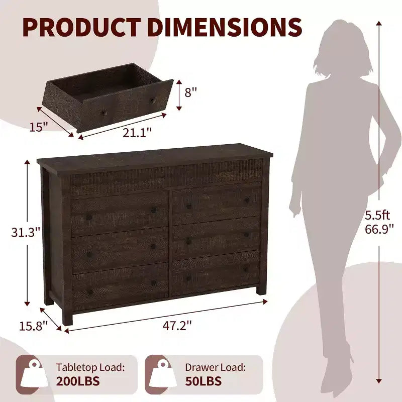 Commode à 6 tiroirs et meuble TV avec détails cannelés, organisateur de rangement en bois pour chambre à coucher, salon ou couloir