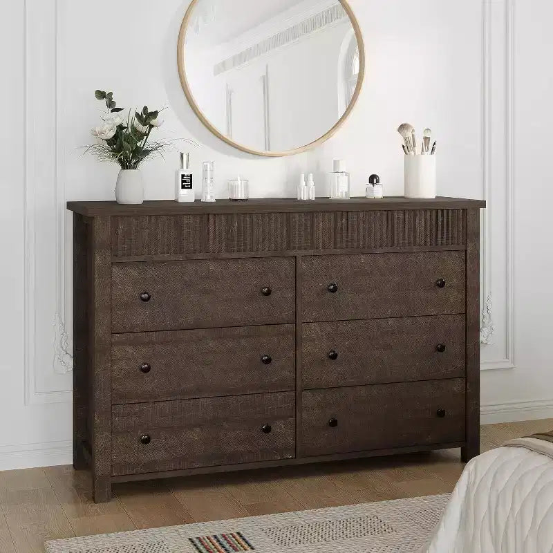 Commode à 6 tiroirs et meuble TV avec détails cannelés, organisateur de rangement en bois pour chambre à coucher, salon ou couloir