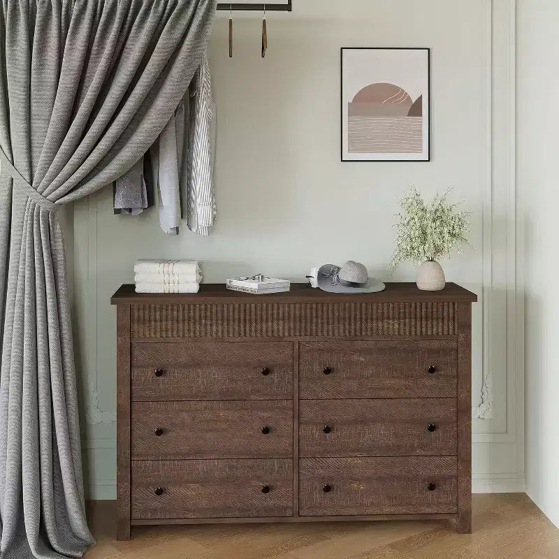 Commode à 6 tiroirs et meuble TV avec détails cannelés, organisateur de rangement en bois pour chambre à coucher, salon ou couloir