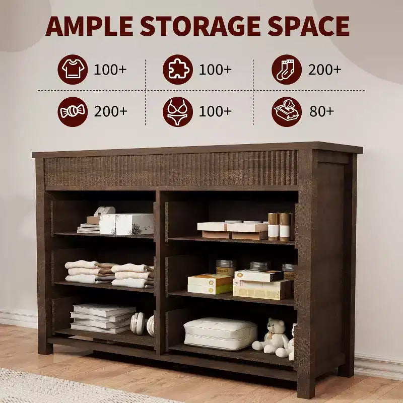 Commode à 6 tiroirs et meuble TV avec détails cannelés, organisateur de rangement en bois pour chambre à coucher, salon ou couloir