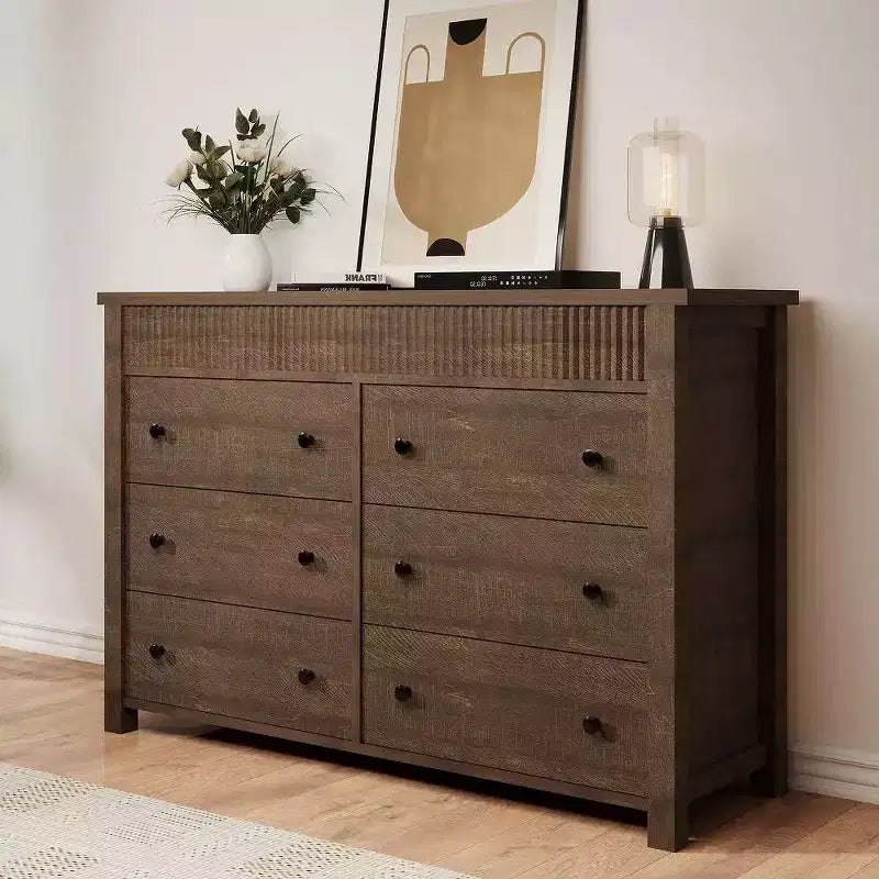 Commode à 6 tiroirs et meuble TV avec détails cannelés, organisateur de rangement en bois pour chambre à coucher, salon ou couloir