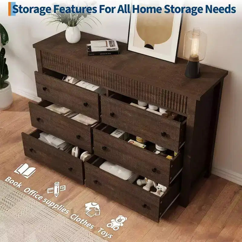 Commode à 6 tiroirs et meuble TV avec détails cannelés, organisateur de rangement en bois pour chambre à coucher, salon ou couloir