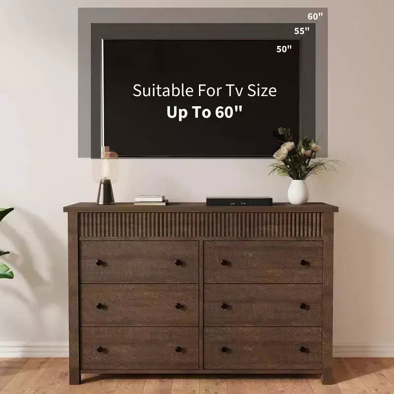 Commode à 6 tiroirs et meuble TV avec détails cannelés, organisateur de rangement en bois pour chambre à coucher, salon ou couloir