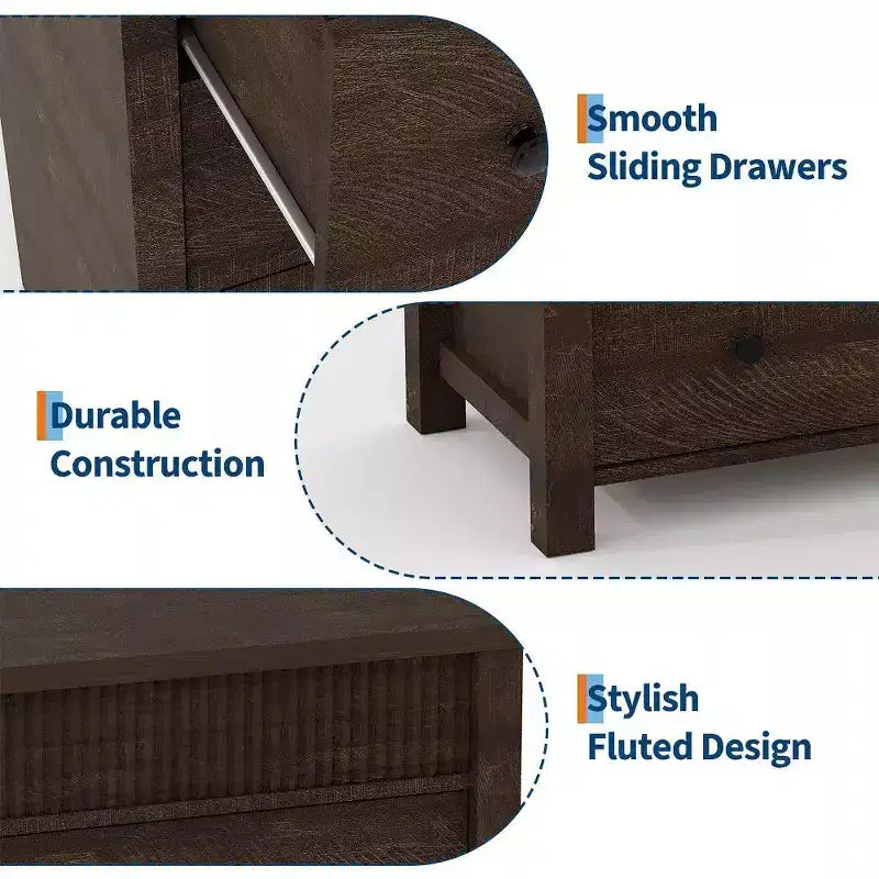 Commode à 6 tiroirs et meuble TV avec détails cannelés, organisateur de rangement en bois pour chambre à coucher, salon ou couloir