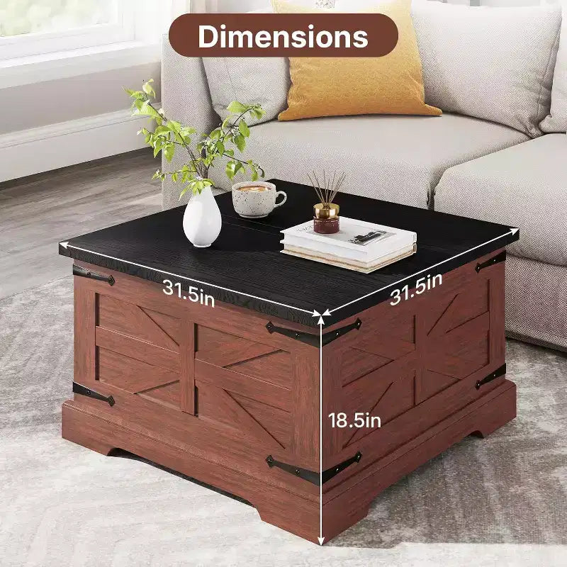 Table basse carrée de ferme avec deux couvercles à charnière et rangement, 79 cm, marron
