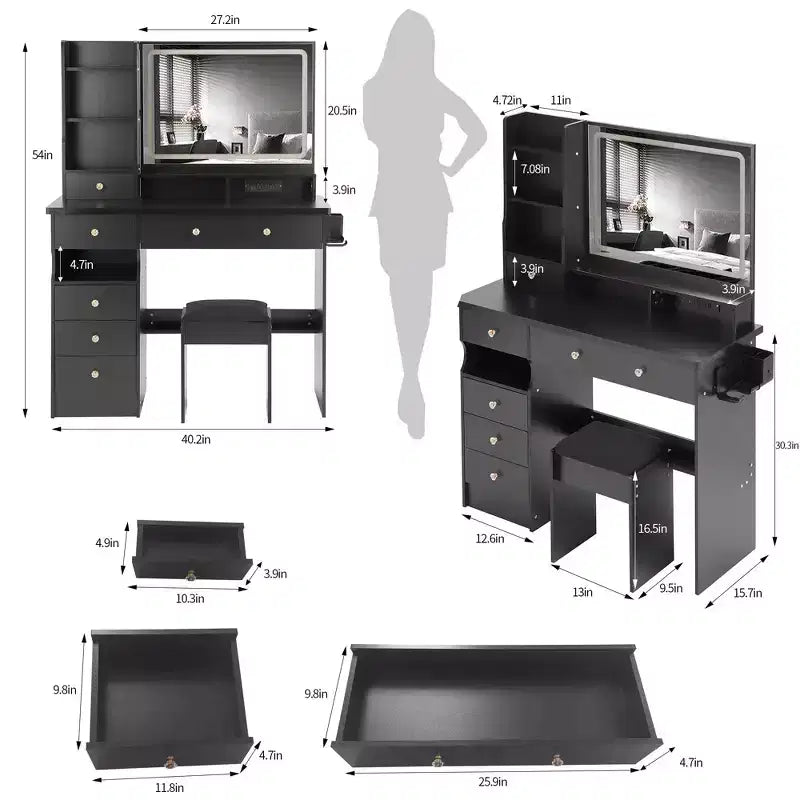 Coiffeuse avec miroir lumineux, tabouret et tiroirs de rangement pour chambre à coucher
