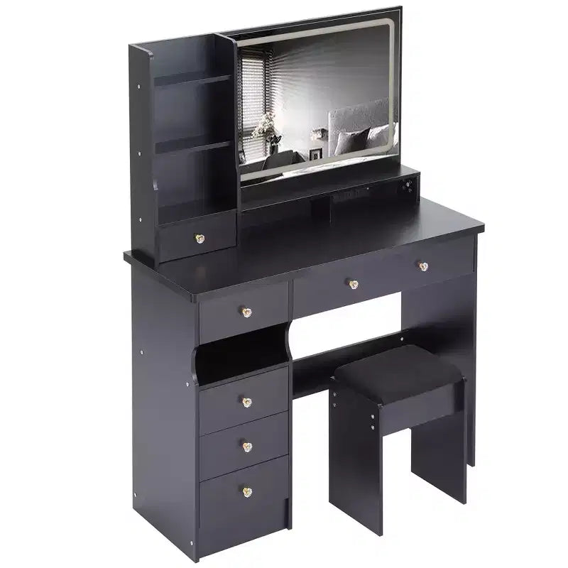 Coiffeuse avec miroir lumineux, tabouret et tiroirs de rangement pour chambre à coucher