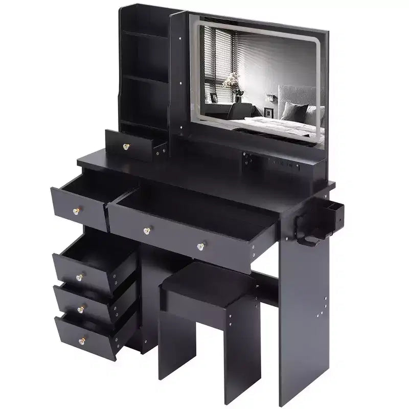 Coiffeuse avec miroir lumineux, tabouret et tiroirs de rangement pour chambre à coucher