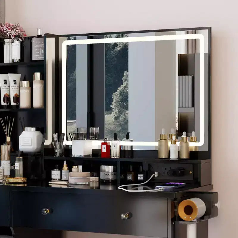 Coiffeuse avec miroir lumineux, tabouret et tiroirs de rangement pour chambre à coucher