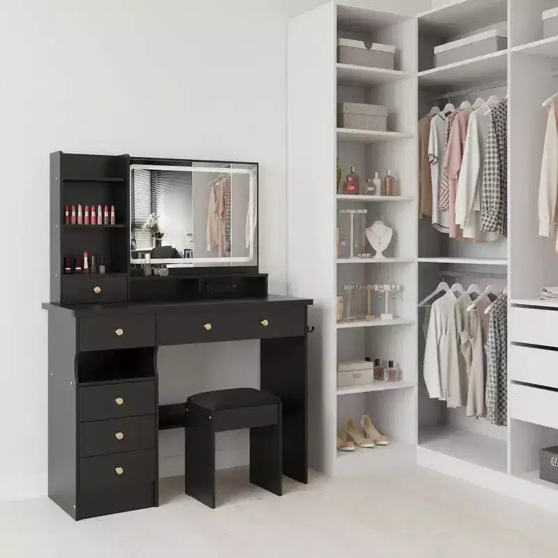 Coiffeuse avec miroir lumineux, tabouret et tiroirs de rangement pour chambre à coucher