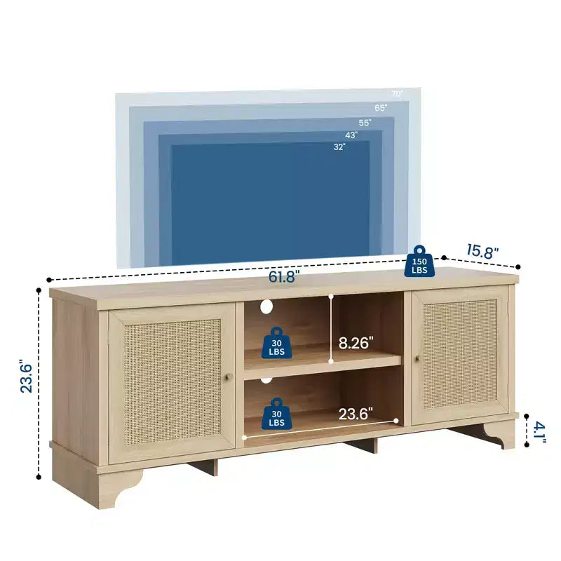 Meuble TV en rotin pour téléviseurs jusqu'à 70 pouces, console multimédia en bois avec placards et étagères ouvertes, centre de divertissement élégant pour le salon