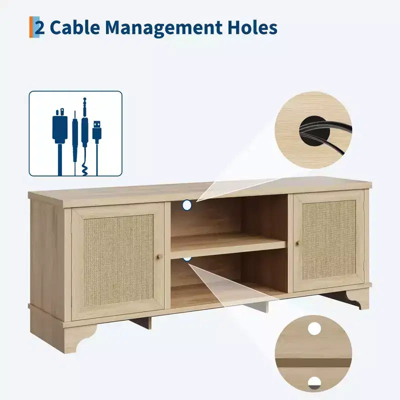 Meuble TV en rotin pour téléviseurs jusqu'à 70 pouces, console multimédia en bois avec placards et étagères ouvertes, centre de divertissement élégant pour le salon
