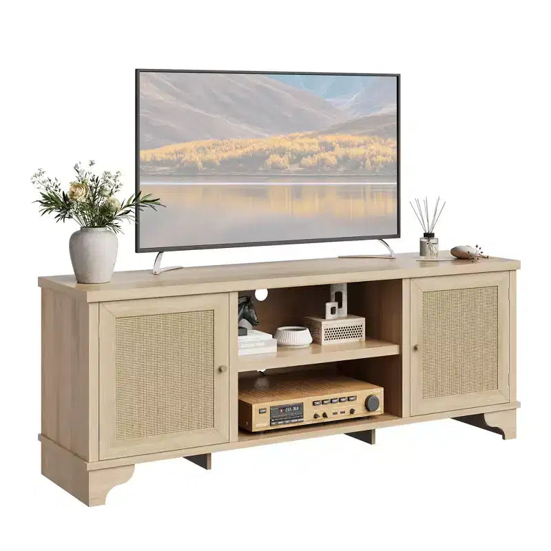 Meuble TV en rotin pour téléviseurs jusqu'à 70 pouces, console multimédia en bois avec placards et étagères ouvertes, centre de divertissement élégant pour le salon