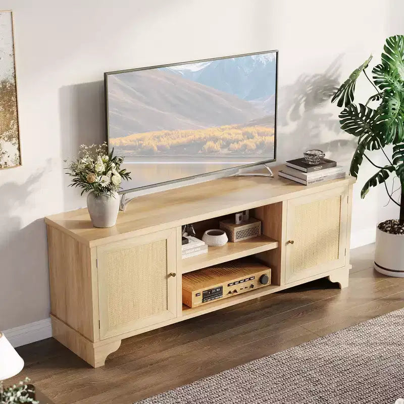 Meuble TV en rotin pour téléviseurs jusqu'à 70 pouces, console multimédia en bois avec placards et étagères ouvertes, centre de divertissement élégant pour le salon