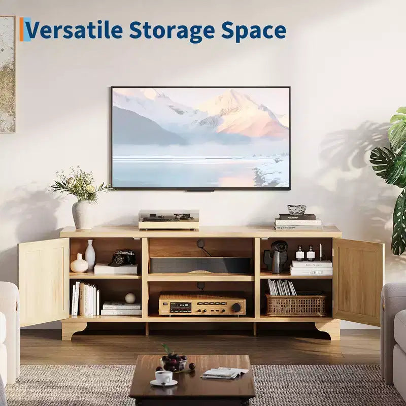 Meuble TV en rotin pour téléviseurs jusqu'à 70 pouces, console multimédia en bois avec placards et étagères ouvertes, centre de divertissement élégant pour le salon