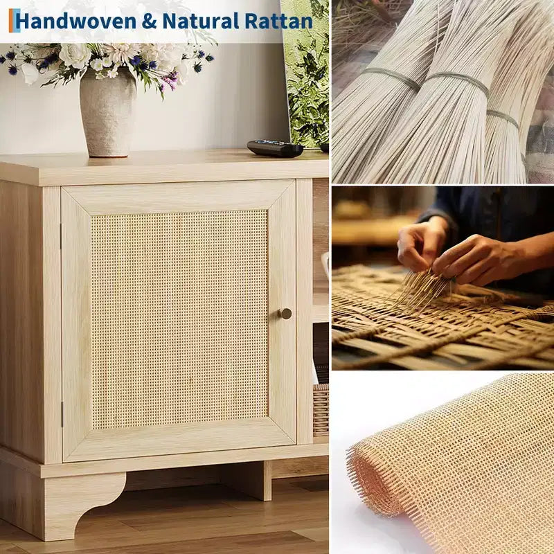 Meuble TV en rotin pour téléviseurs jusqu'à 70 pouces, console multimédia en bois avec placards et étagères ouvertes, centre de divertissement élégant pour le salon