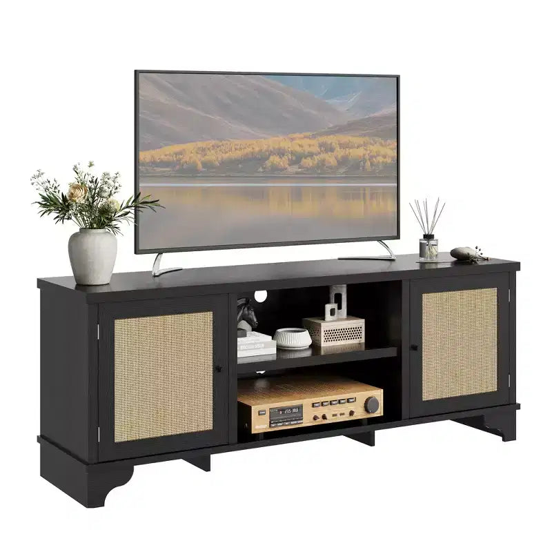 Meuble TV en rotin pour téléviseurs jusqu'à 70 pouces, console multimédia en bois avec placards et étagères ouvertes, centre de divertissement élégant pour le salon