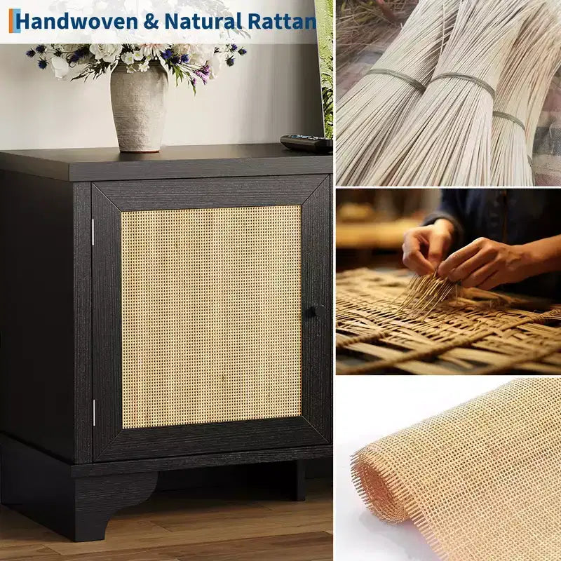 Meuble TV en rotin pour téléviseurs jusqu'à 70 pouces, console multimédia en bois avec placards et étagères ouvertes, centre de divertissement élégant pour le salon