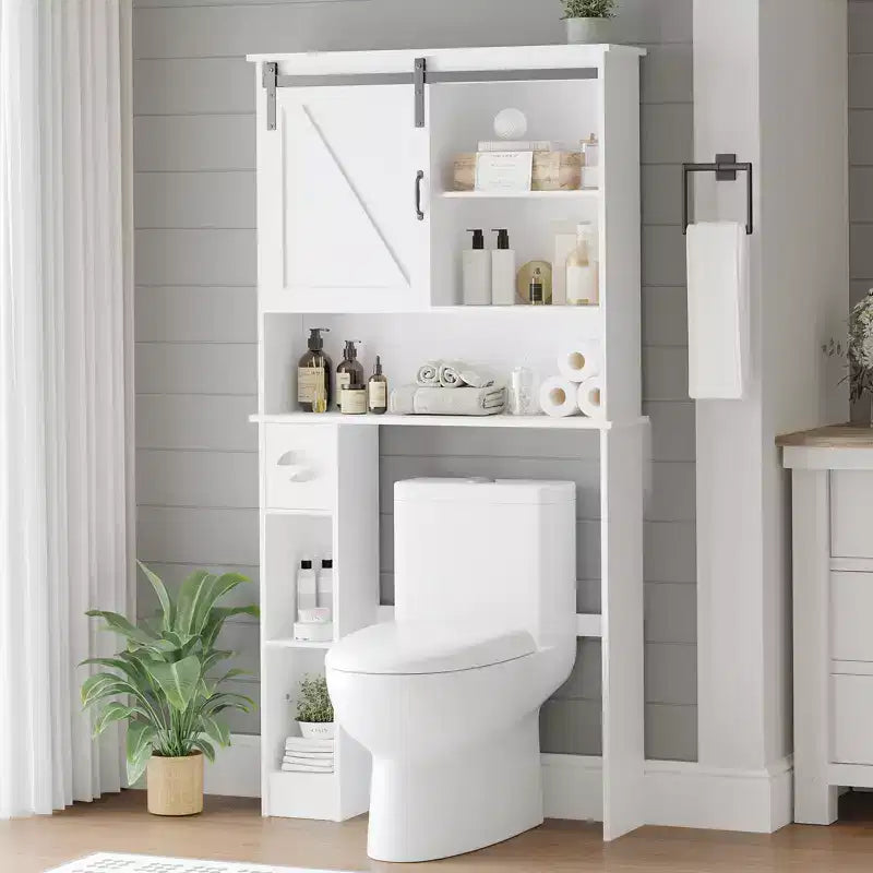 Meuble de rangement au-dessus des toilettes, organisateur de salle de bain à double porte avec étagères réglables et porte-papier toilette pour économiser de l'espace dans la salle de bain, blanc