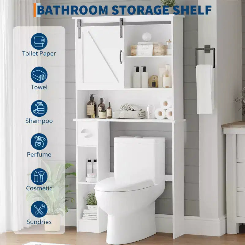 Meuble de rangement au-dessus des toilettes, organisateur de salle de bain à double porte avec étagères réglables et porte-papier toilette pour économiser de l'espace dans la salle de bain, blanc