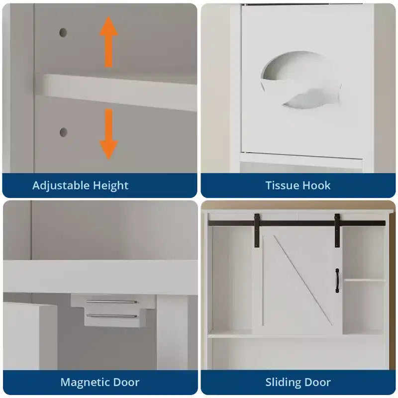 Meuble de rangement au-dessus des toilettes, organisateur de salle de bain à double porte avec étagères réglables et porte-papier toilette pour économiser de l'espace dans la salle de bain, blanc