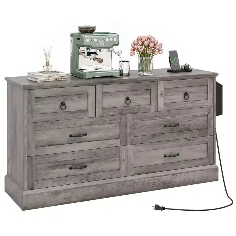 Commode de Ferme Large de 59 Pouces à 7 Tiroirs en Bois Rustique avec Belle Texture, Design Vintage, Tiroirs de Rangement, Organisateur