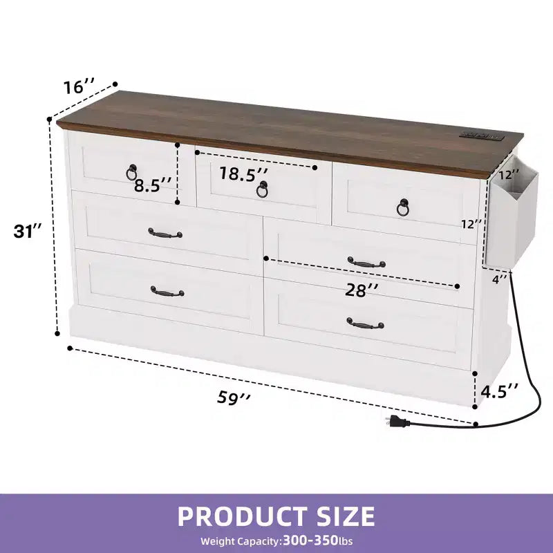Commode de Ferme Large de 59 Pouces à 7 Tiroirs en Bois Rustique avec Belle Texture, Design Vintage, Tiroirs de Rangement, Organisateur