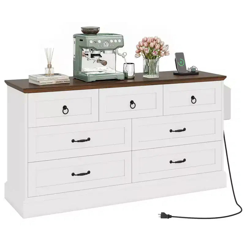 Commode de Ferme Large de 59 Pouces à 7 Tiroirs en Bois Rustique avec Belle Texture, Design Vintage, Tiroirs de Rangement, Organisateur