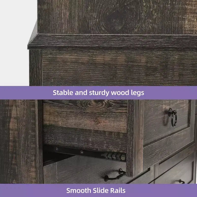 Commode de Ferme Large de 59 Pouces à 7 Tiroirs en Bois Rustique avec Belle Texture, Design Vintage, Tiroirs de Rangement, Organisateur