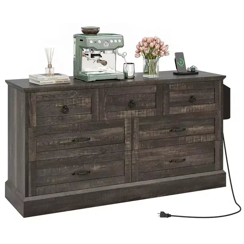 Commode de Ferme Large de 59 Pouces à 7 Tiroirs en Bois Rustique avec Belle Texture, Design Vintage, Tiroirs de Rangement, Organisateur