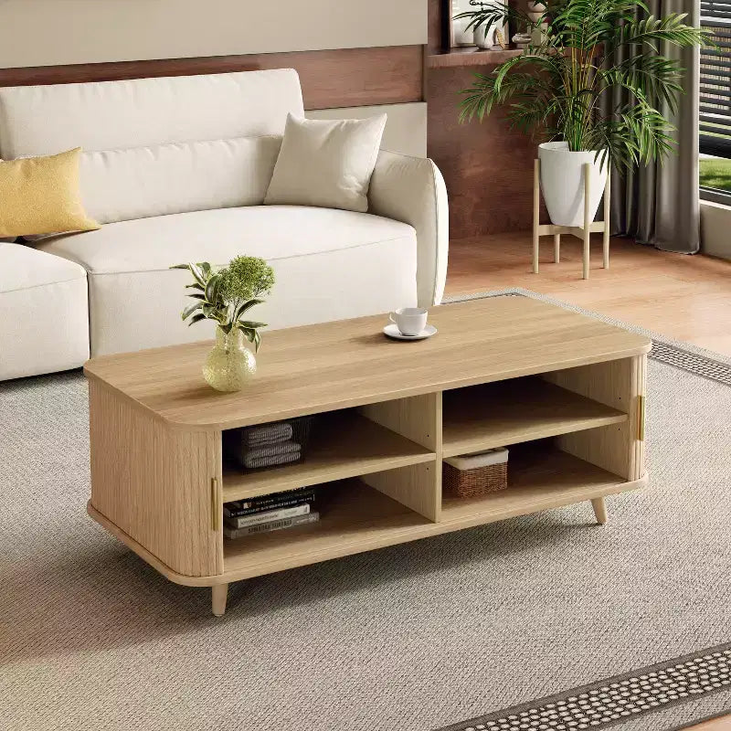 Table basse de rangement moderne avec portes coulissantes et étagères réglables